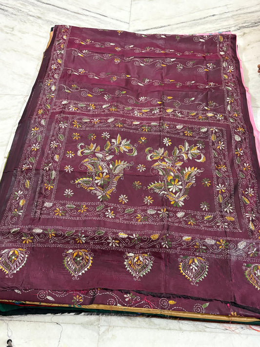 Blended Bangalore Silk Hand Crafted Kantha Stitch Saree