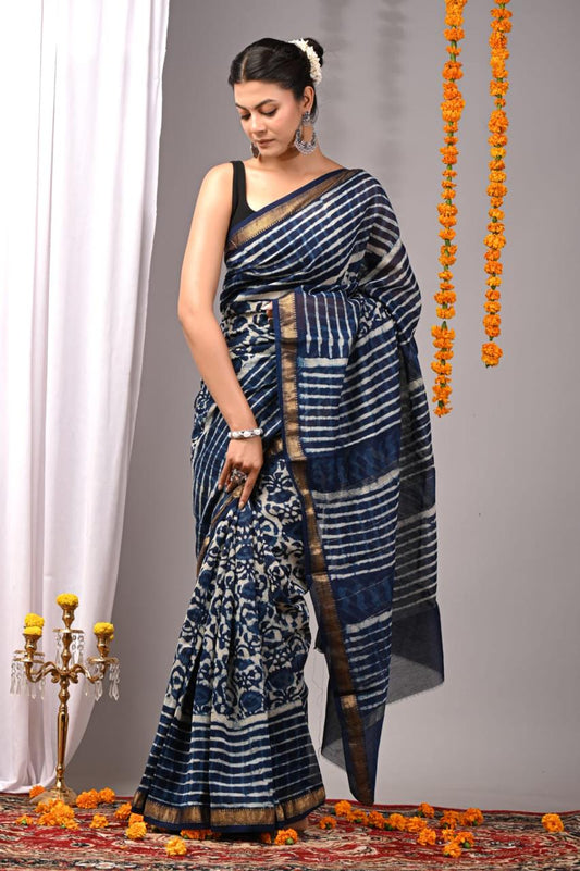 Natural Color Hand Block Print Saree