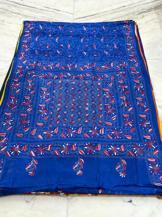 Blended Murshidabad Silk Hand Crafted Kantha Stitch Saree