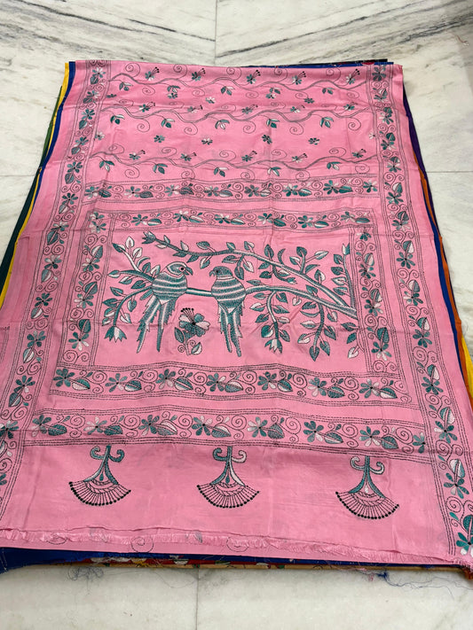 Blended Murshidabad Silk Hand Crafted Kantha Stitch Saree