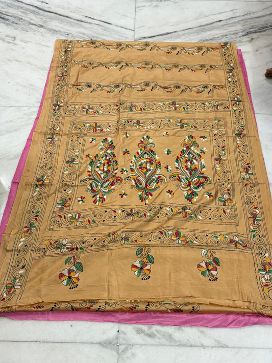 Blended Bangalore Silk Hand Crafted Kantha Stitch Saree