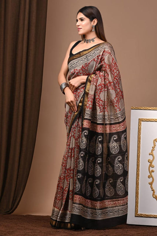 Natural Color Hand Block Print Saree