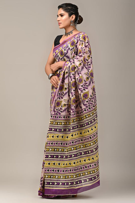 Hand Block Printing Saree on Cotton Zari