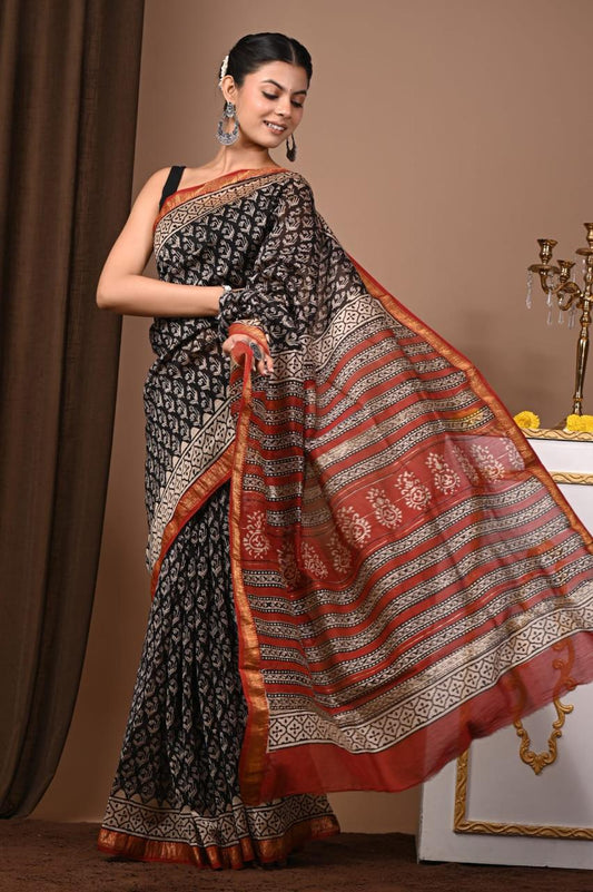 Natural Color Hand Block Print Saree