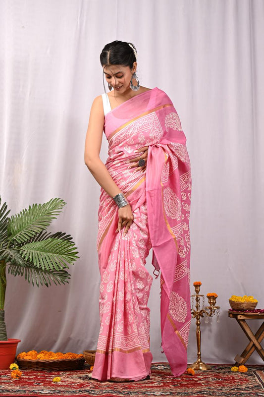Assam Silk Saree with Hand Block Printing Craft