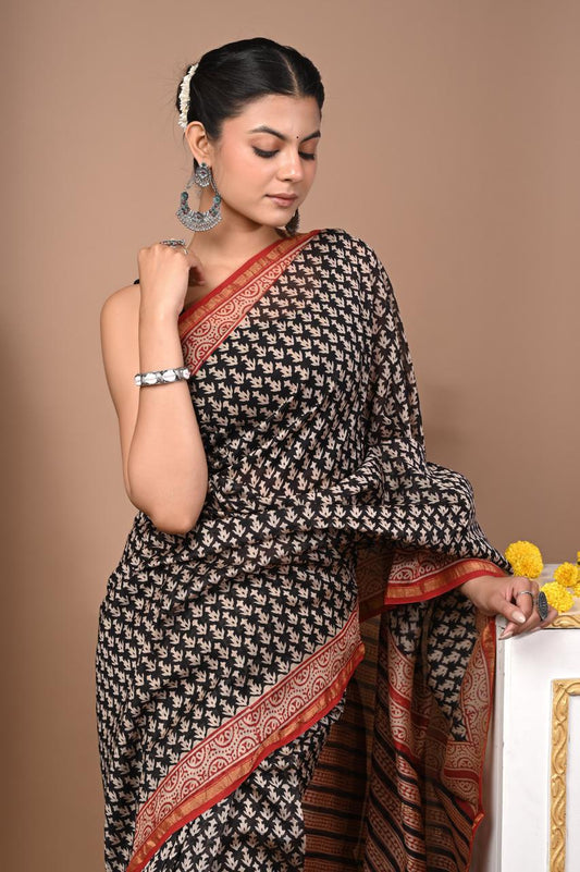 Hand Block Print Saree on Chanderi Silk