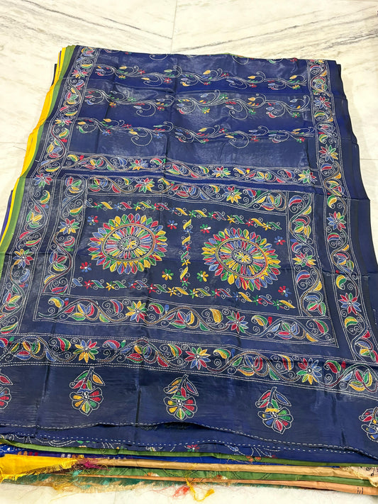 Blended Murshidabad Silk Hand Crafted Kantha Stitch Saree