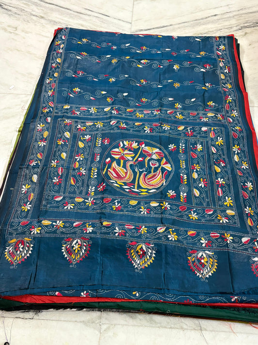 Blended Bangalore Silk Hand Crafted Kantha Stitch Saree