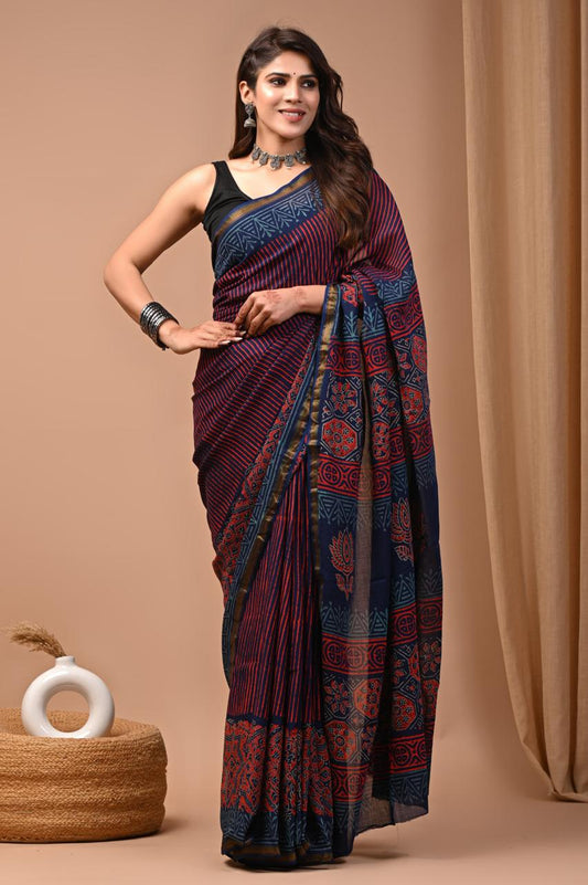 Hand Block Printing Saree on Cotton Zari