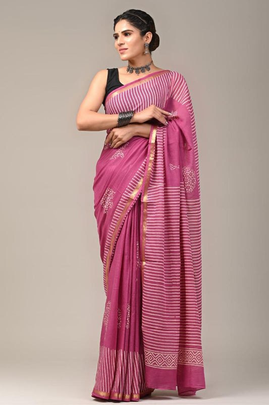 Hand Block Printing Saree on Cotton Zari