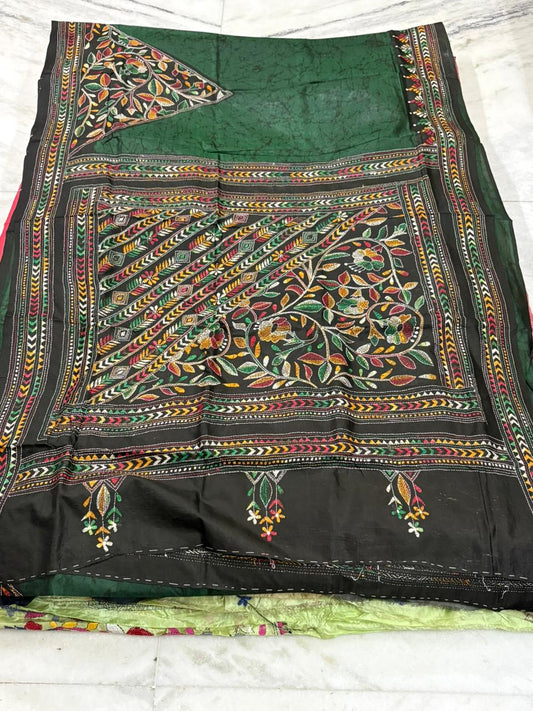 Pure Bangalore Silk Hand Crafted Kantha Stitch Saree