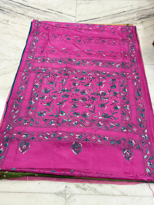 Blended Bangalore Silk Hand Crafted Kantha Stitch Saree