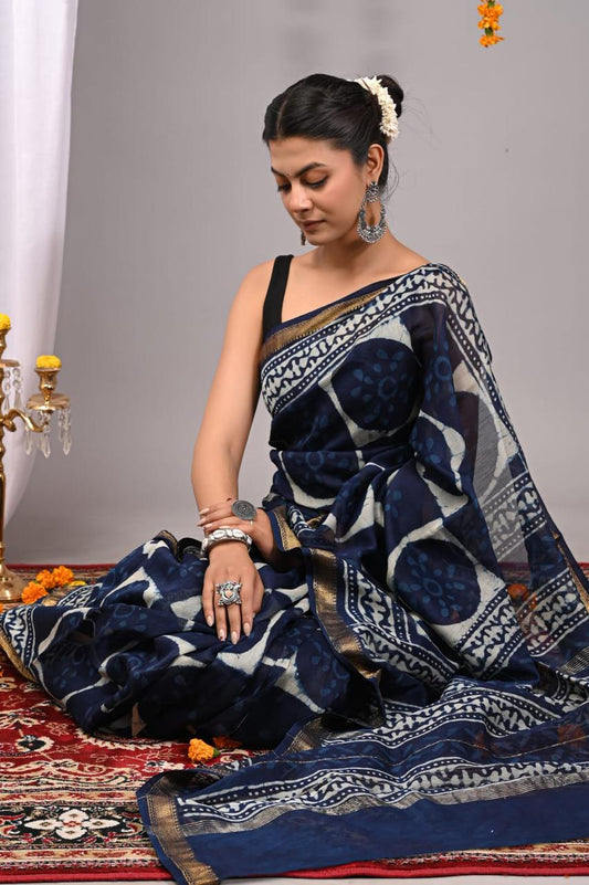Natural Color Hand Block Print Saree