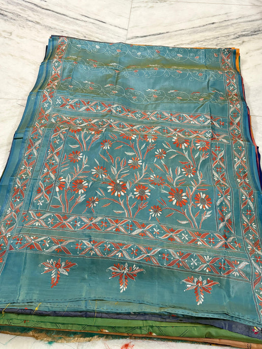 Blended Murshidabad Silk Hand Crafted Kantha Stitch Saree