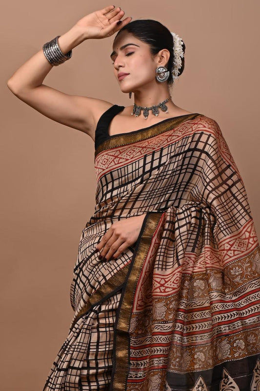 Natural Color Hand Block Print Saree