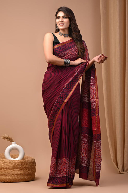 Hand Block Printing Saree on Cotton Zari