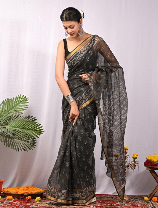 Hand Block Printing Saree on Kota Silk