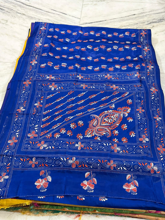 Blended Murshidabad Silk Hand Crafted Kantha Stitch Saree