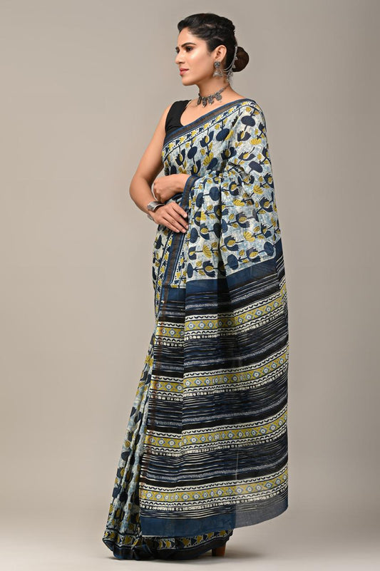 Hand Block Printing Saree on Cotton Zari