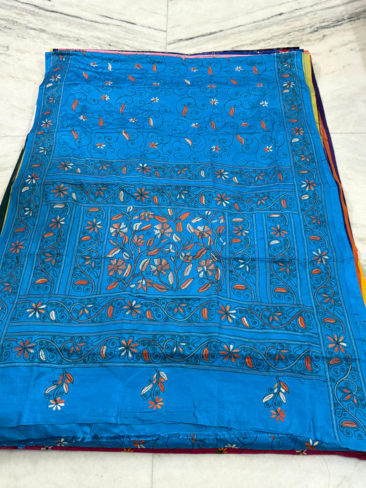 Blended Murshidabad Silk Hand Crafted Kantha Stitch Saree