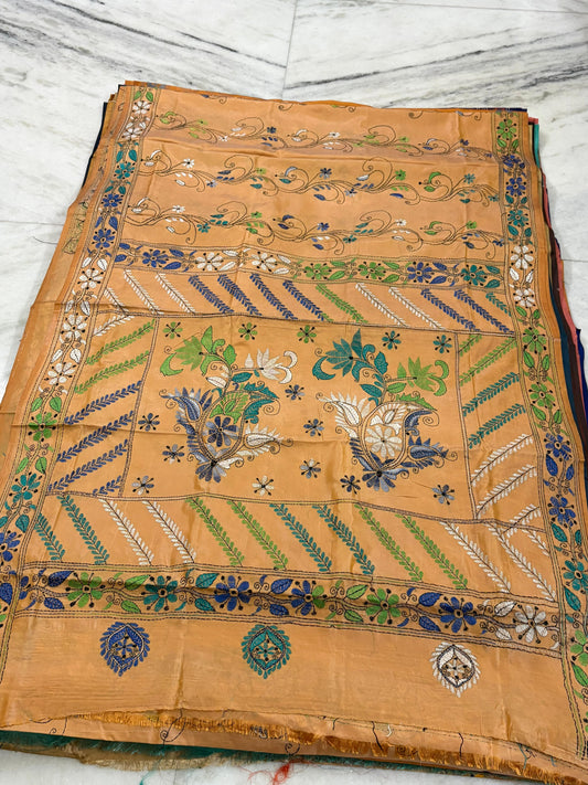 Blended Murshidabad Silk Hand Crafted Kantha Stitch Saree