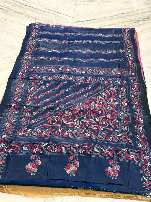 Blended Murshidabad Silk Hand Crafted Kantha Stitch Saree