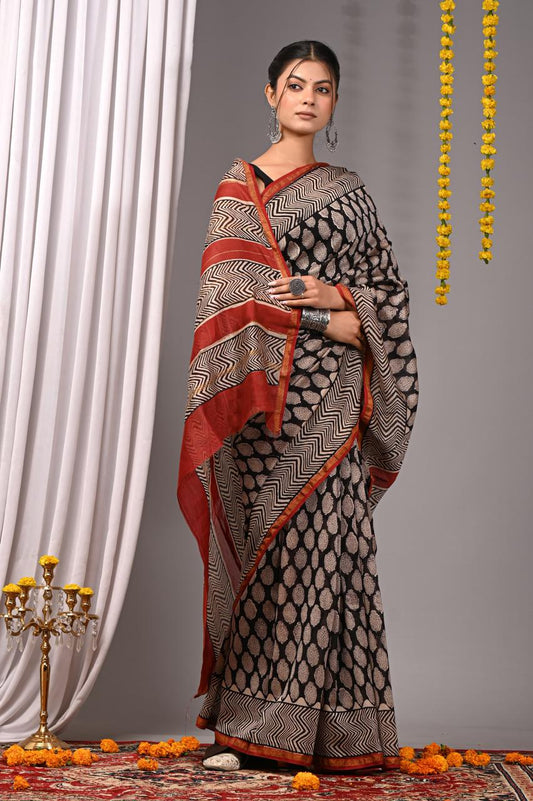 Hand Block Print Saree on Chanderi Silk