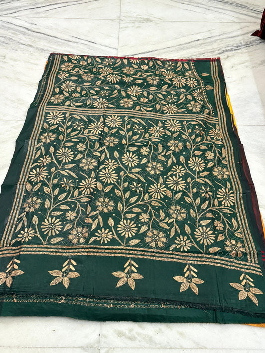 Blended Bangalore Silk Hand Crafted Kantha Stitch Saree