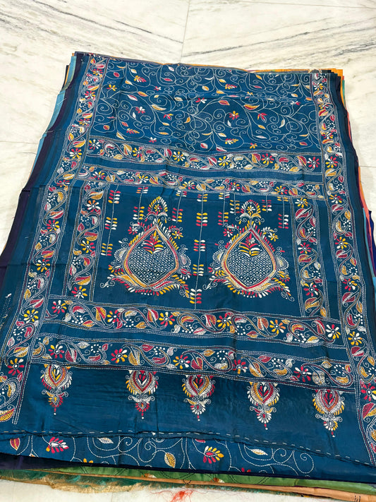 Blended Murshidabad Silk Hand Crafted Kantha Stitch Saree
