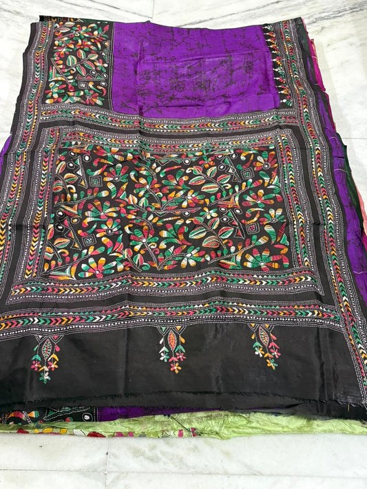 Pure Bangalore Silk Hand Crafted Kantha Stitch Saree