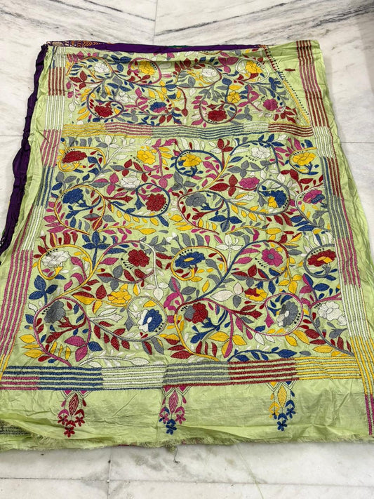 Pure Bangalore Silk Hand Crafted Kantha Stitch Saree