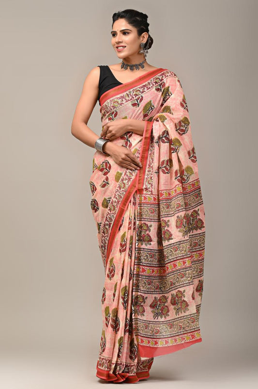 Hand Block Printing Saree on Cotton Zari