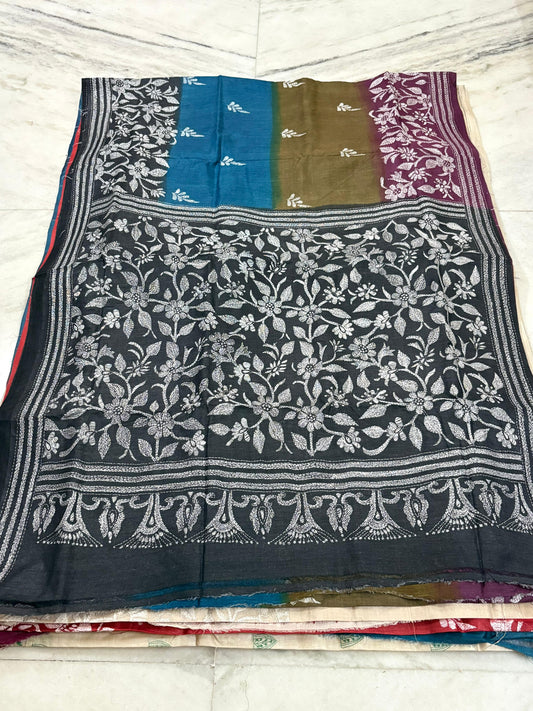 Korean Tussar Handicrafts Kantha Stitch Saree