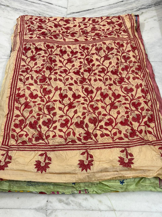 Pure Bangalore Silk Hand Crafted Kantha Stitch Saree