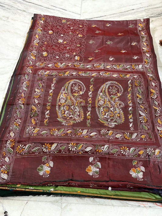 Blended Bangalore Silk Hand Crafted Kantha Stitch Saree
