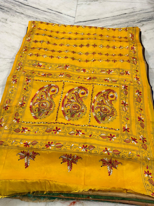 Blended Murshidabad Silk Hand Crafted Kantha Stitch Saree