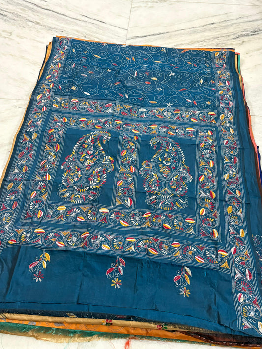 Blended Murshidabad Silk Hand Crafted Kantha Stitch Saree