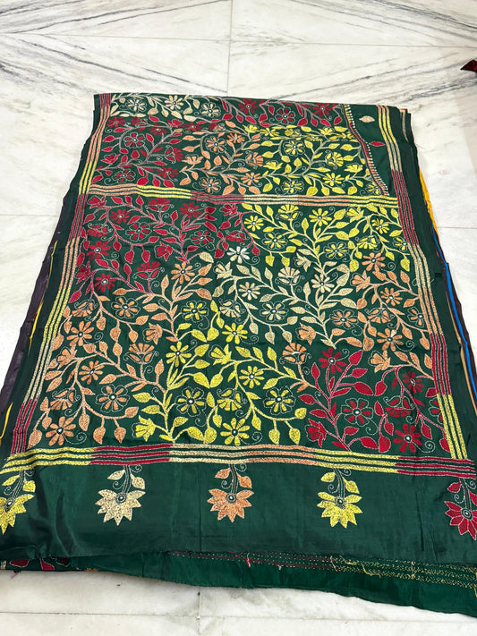 Blended Bangalore Silk Hand Crafted Kantha Stitch Saree