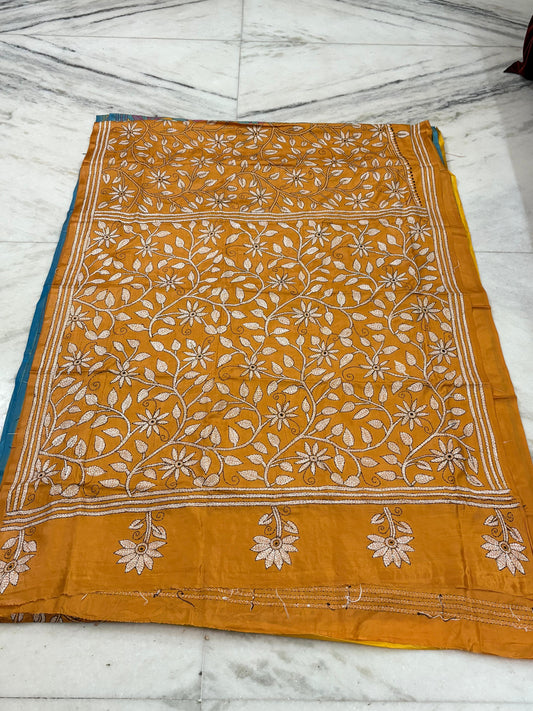 Blended Bangalore Silk Hand Crafted Kantha Stitch Saree