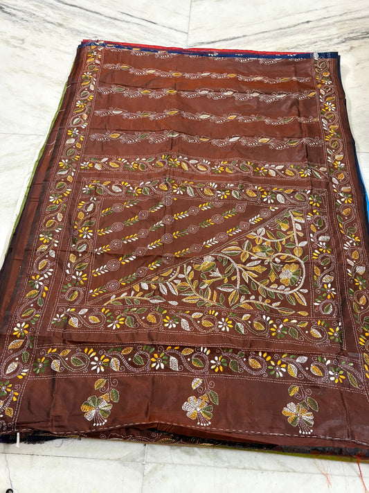 Blended Bangalore Silk Hand Crafted Kantha Stitch Saree