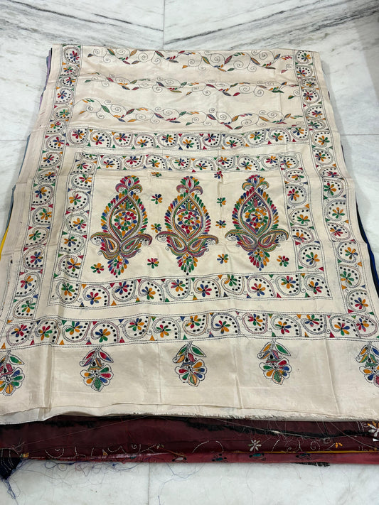 Blended Murshidabad Silk Hand Crafted Kantha Stitch Saree