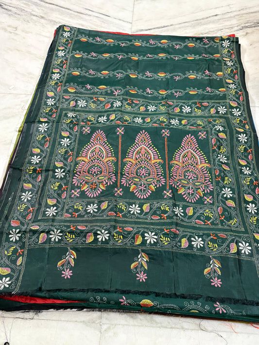 Blended Bangalore Silk Hand Crafted Kantha Stitch Saree
