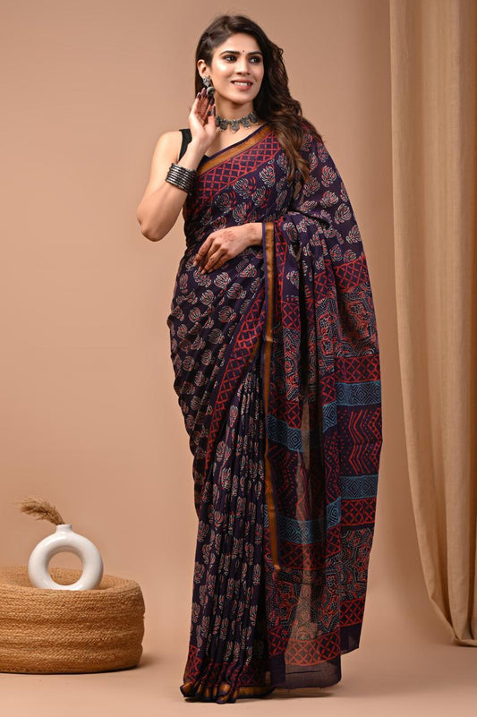 Hand Block Printing Saree on Cotton Zari