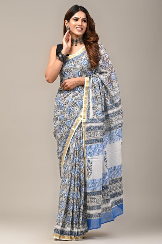 Hand Block Printing Saree on Cotton Zari