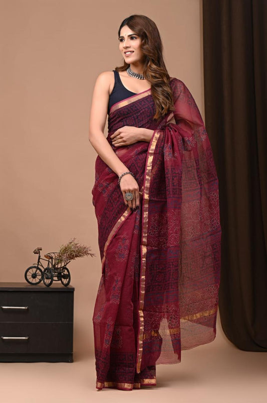 Hand Block Printing Saree on Kota Silk