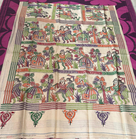Korean Tussar Handicrafts Kantha Stitch Saree