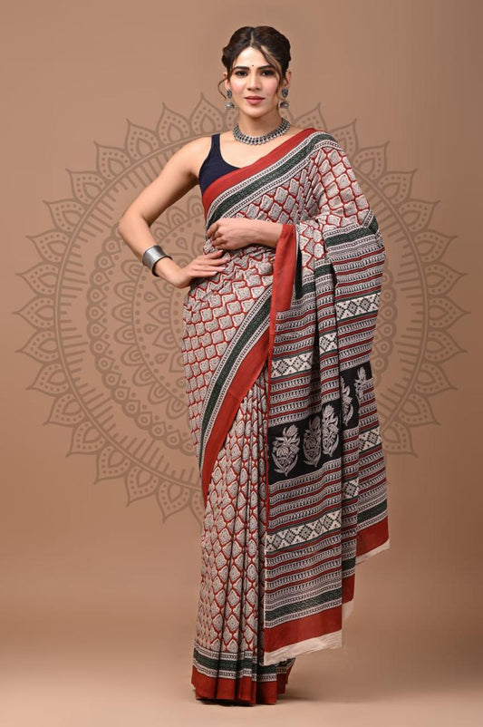 Natural Color Hand Block Print Saree