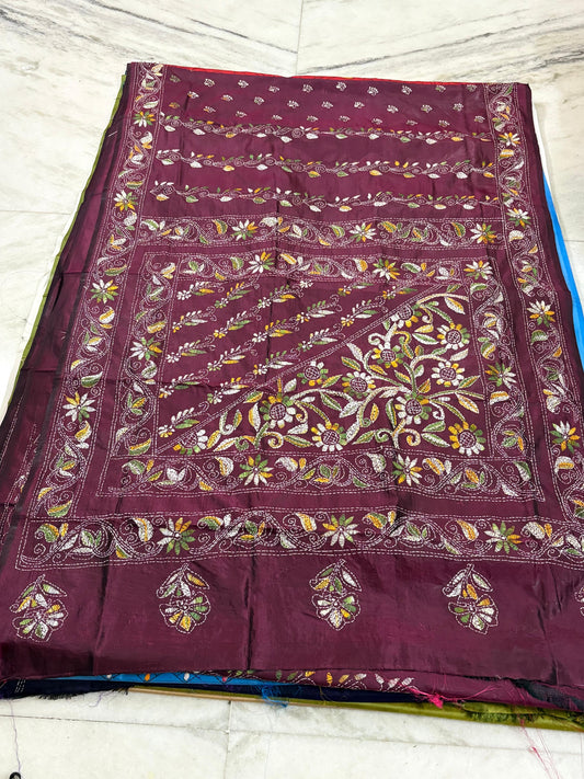 Blended Bangalore Silk Hand Crafted Kantha Stitch Saree
