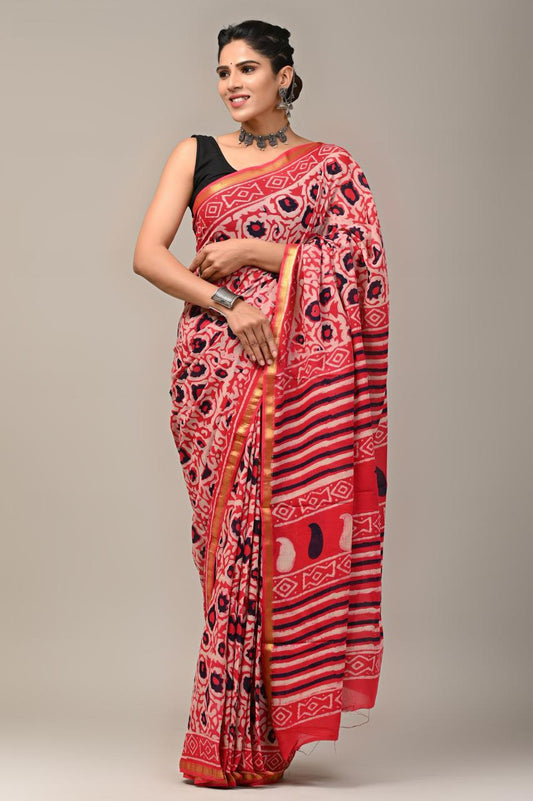 Hand Block Printing Saree on Cotton Zari