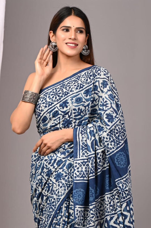 Hand Block Printing Saree with Indigo Dyes